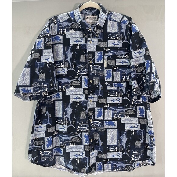 Men’s Columbia‎ Short Sleeve Deep Sea Fish Graphic Print Blue Button Up XXL - Picture 1 of 6